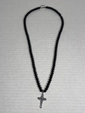 Ornate Silver Cross Black Glass Bead Necklace ~23 inches
